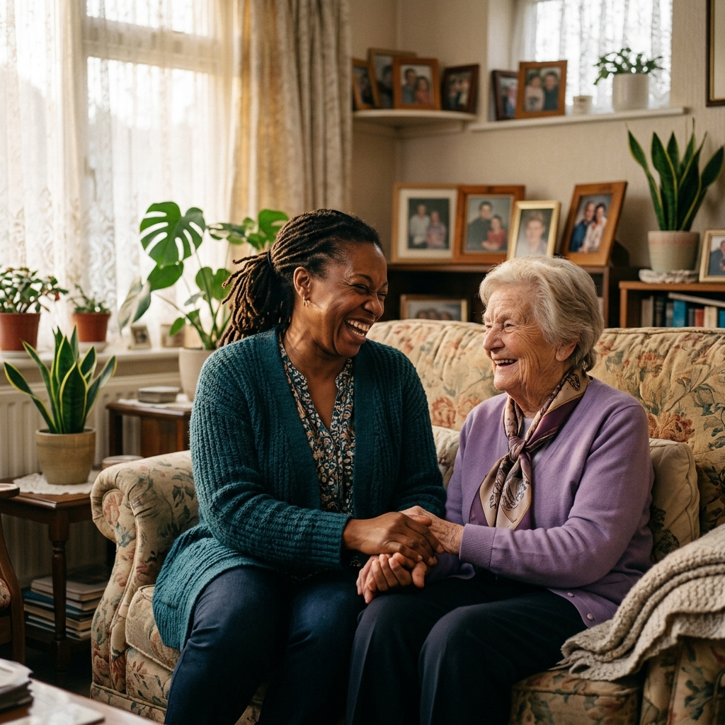 A Black caregiver laughing with an older woman on a sofa