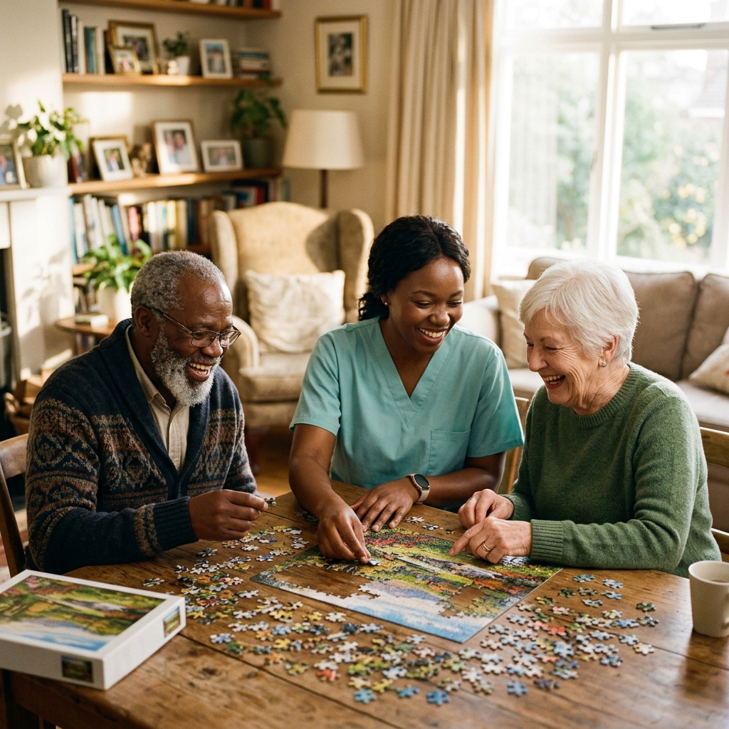 A Black caregiver doing a puzzle with an older Black man and an older white woman at home
